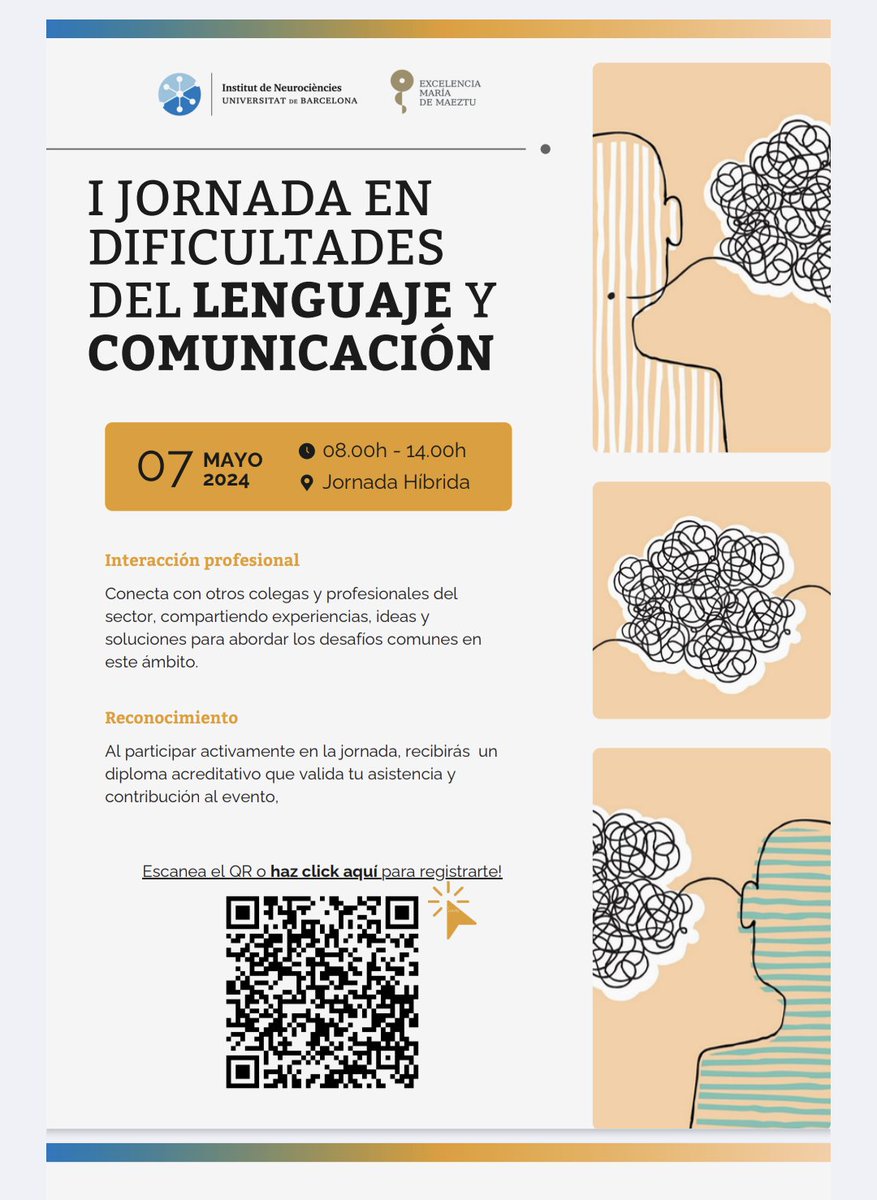 Beatriz de Diego-Lázaro (@beadiegolazaro) on Twitter photo 🔊 Jornada híbrida y gratuita en dificultades del lenguaje, el 7 de mayo, dirigida a profesionales y estudiantes en psicología, logopedia, magisterio y disciplinas afines. Nos ayudas a difundir? 🙏
Toda la info aquí: acortar.link/oZTbZa 🔊 Jornada híbrida y gratuita en dificultades del lenguaje, el 7 de mayo, dirigida a profesionales y estudiantes en psicología, logopedia, magisterio y disciplinas afines. Nos ayudas a difundir? 🙏
Toda la info aquí: acortar.link/oZTbZa