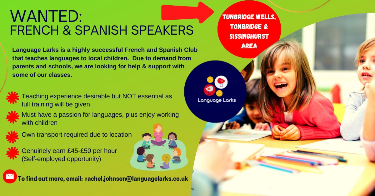 GENUINELY EARN £40-£50 PER HOUR
🇫🇷 🇪🇸WANTED FRENCH & SPANISH SPEAKERS IN TONBRIDGE, TUNBRIDGE WELLS OR SISSINGHURST
📲More info here: lajolieronde.co.uk/work-with-us-2

#pfypシ #fypシ゚viralシ #spanishspeakers #frenchspeakers #jobsearching
@kenthour @KSCourier @NCT_SevTon @TonbridgeUK