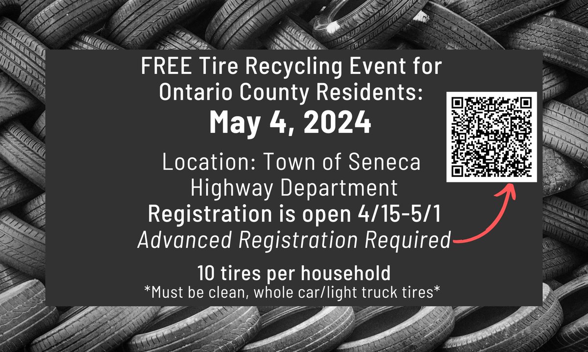 May 4, 2024 at the Town of Seneca Highway Department. Registration open 4/15-5/1. #OntarioCountyRecycles