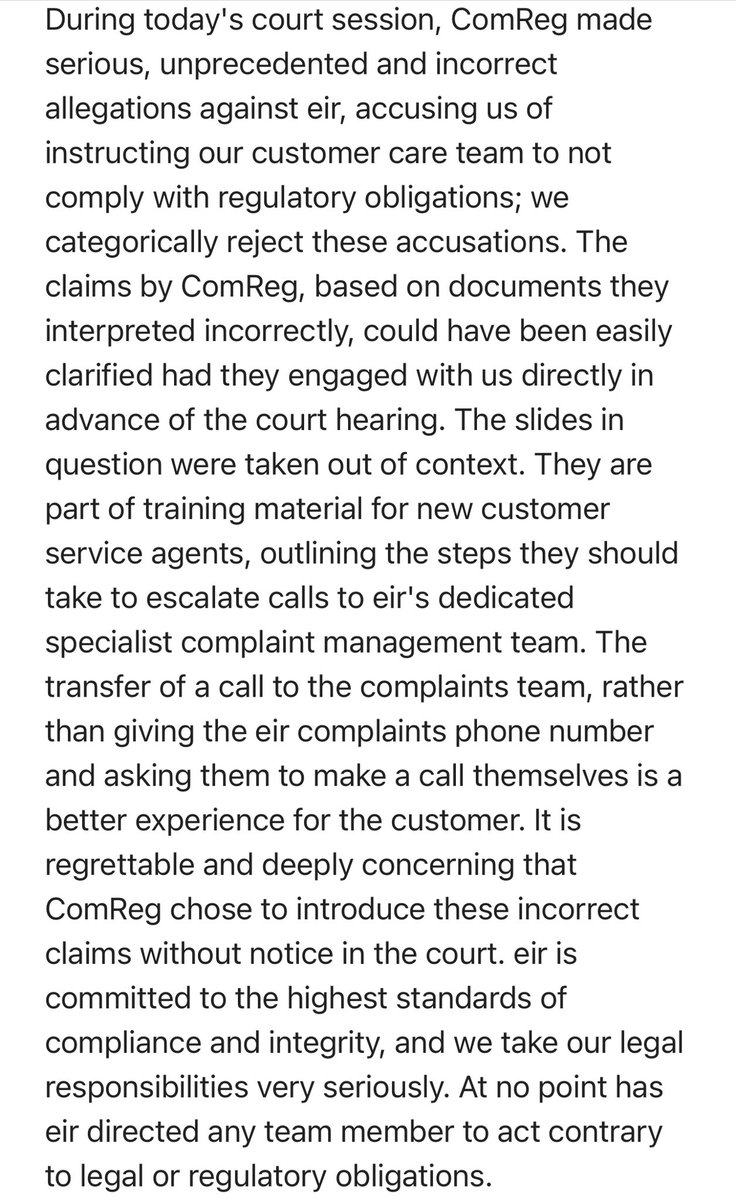 Eir’s latest comeback on this. It says that Comreg (and consequently the court judge) have gotten it very wrong. Says the don’t-tell-them-about-complaints-numbers quite from the customer service training manual was “out of context”.