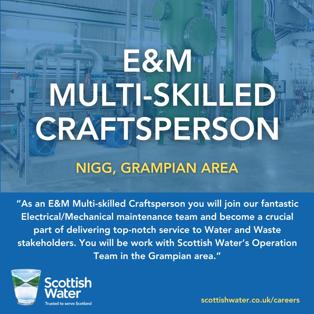 Join Scottish Water's Electrical & Mechanical maintenance team in Grampian, ensuring top-notch service for our water and waste stakeholders. Master mechanical skills, coordinate resources, and champion safety in this crucial role. bit.ly/3xvf9CQ #GrampianJobs
