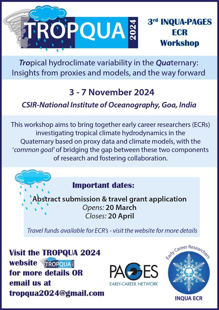 📢 Only 5 days left to submit your abstracts for the 3rd INQUA-PAGES ECR workshop on Tropical Hydroclimate Variability in the Quaternary (TROPQUA 2024)! Join us in Goa, India this November for insights from proxies, models, and more. Apply by April 20th! ✈️shorturl.at/kqwY0