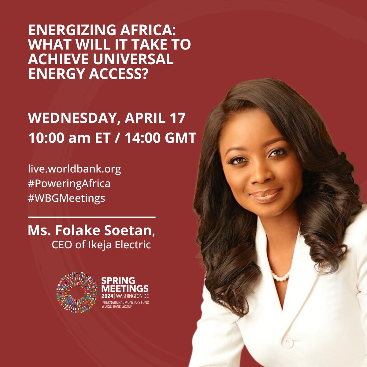 #WBGmeetings EVENT | What will it take to achieve universal #EnergyAccess in Africa? Join the conversation with a panel of experts from the public and private sectors to find out! April 17, 10am ET | 2pm GMT wrld.bg/FpZl50RfPzB #PoweringAfrica @AfDB_Group @IMFAfrica