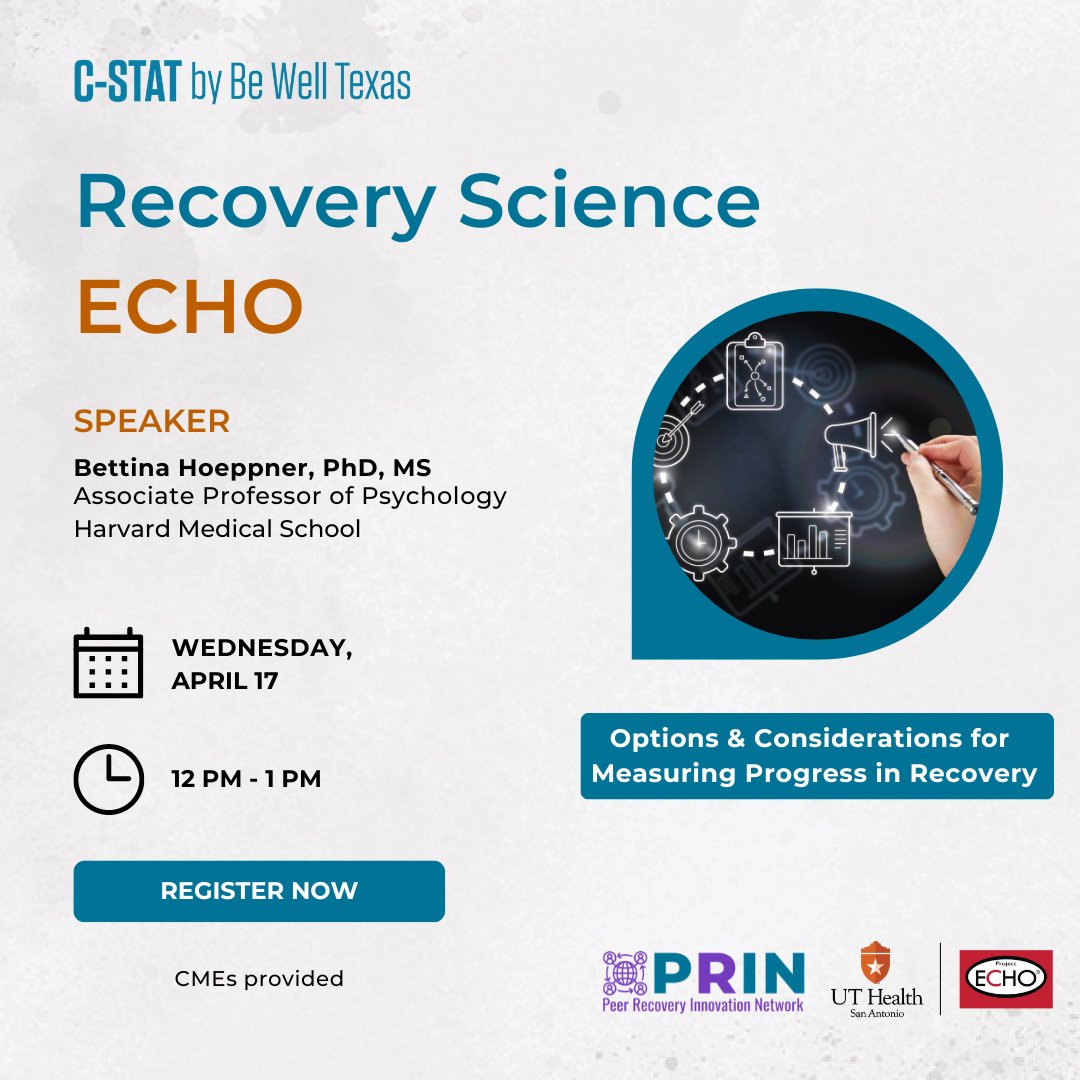 How can those who work in #RecoverySupportServices measure a patient's #recovery progress?🤔 Join us for the next #RecoveryScience #ProjectECHO to learn about measuring recovery progress on 4/17! c-stat.uthscsa.edu/echo/recovery-… #PeerServices