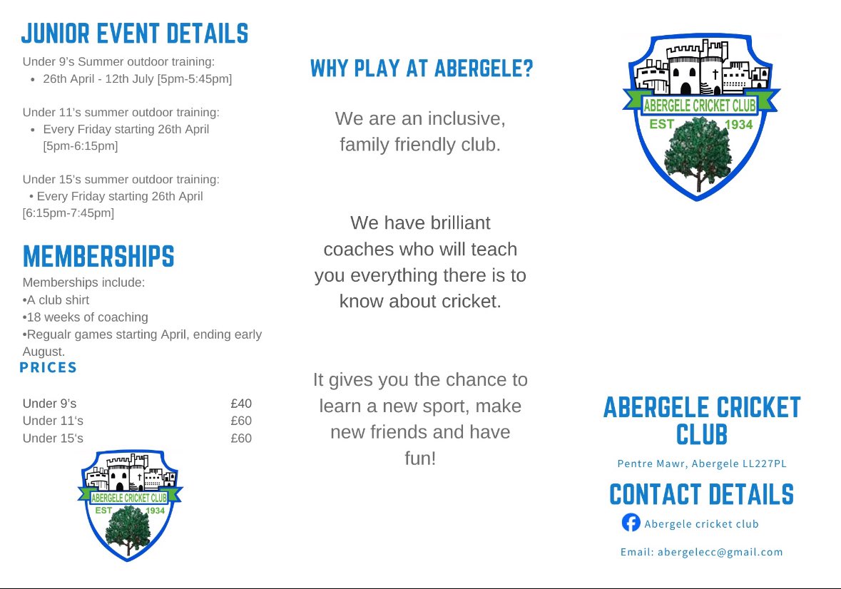Er gwybodaeth... For your information... Cyfle gwych i ymuno efo'n clwb lleol @AbergeleCC . Great opportunity to join our local club @AbergeleCC . 🏏