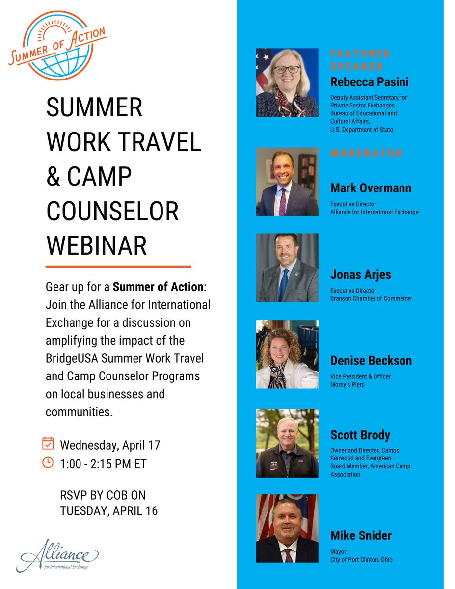 Calling all BridgeUSA Summer Work Travel and Camp Counselor stakeholders! Join us on Wednesday, April 17 at 1:00 PM ET for a discussion on the benefits of international exchange programs on local businesses and camps. Learn more and register here: allianceexchange.wufoo.com/forms/m1qeh4t4…