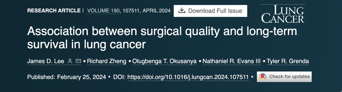 Establishing reliable comparative outcome measures in #lungcancer 🫁 is ever more important w/ screening criteria expansion + growth of #valuebasedpayment

In our study 📈: hospital-level peri-op mortality was associated with future 5-year survival.

sciencedirect.com/science/articl…