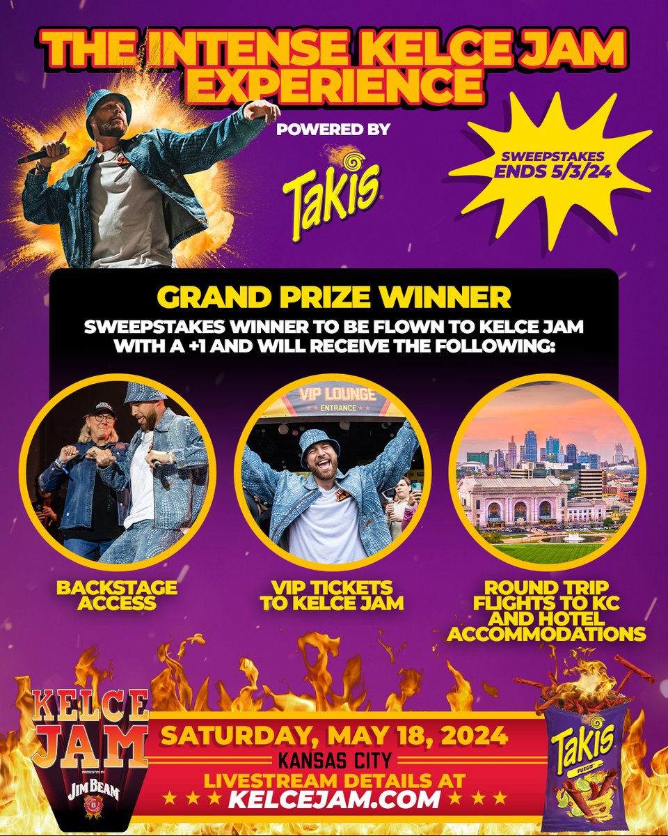 Introducing The Intense Kelce Jam Experience Presented by @TakisUSA! 🔥 Takis will take you to the ultimate Kelce Jam experience including airfare and hotel, VIP Access, and more. Sweepstakes ends on 5/3/24. Winner notified by 5/13/24. Enter now at KelceJam.com/takissweeps!