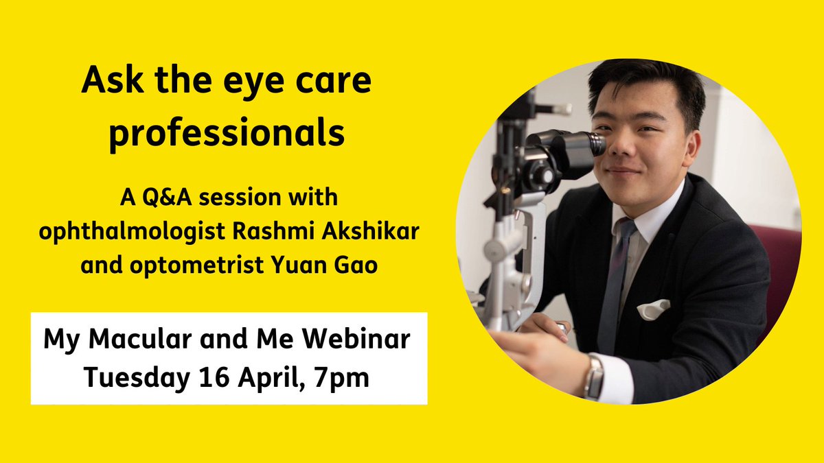 Do you have questions for our eye care professionals? Ophthalmologist Rashi Akshirkar and optometrist Yuan Gao join us tomorrow at 7pm to discuss how they can help you. Submit all questions to mymacularandme@macularsociety.org and register for the webinar: bit.ly/3JgRyIK