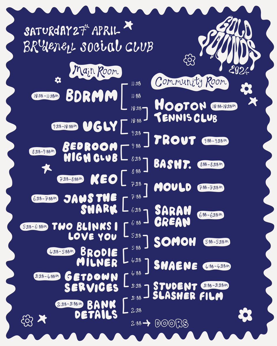 Gold Sounds (@goldsoundsfest) on Twitter photo Stage times for Gold Sounds are up!
Tickets: futuresound.seetickets.com/event/gold-sou…
Don't miss <a href="/smellybdrmm/">bdrmm</a>, <a href="/uglyofficialuk/">Ugly</a>, <a href="/hootontennisclb/">Hooton Tennis Club</a> & more across 2 rooms next weekend at <a href="/Nath_Brudenell/">Nath Brudenell</a>! Stage times for Gold Sounds are up!
Tickets: futuresound.seetickets.com/event/gold-sou…
Don't miss <a href="/smellybdrmm/">bdrmm</a>, <a href="/uglyofficialuk/">Ugly</a>, <a href="/hootontennisclb/">Hooton Tennis Club</a> & more across 2 rooms next weekend at <a href="/Nath_Brudenell/">Nath Brudenell</a>!