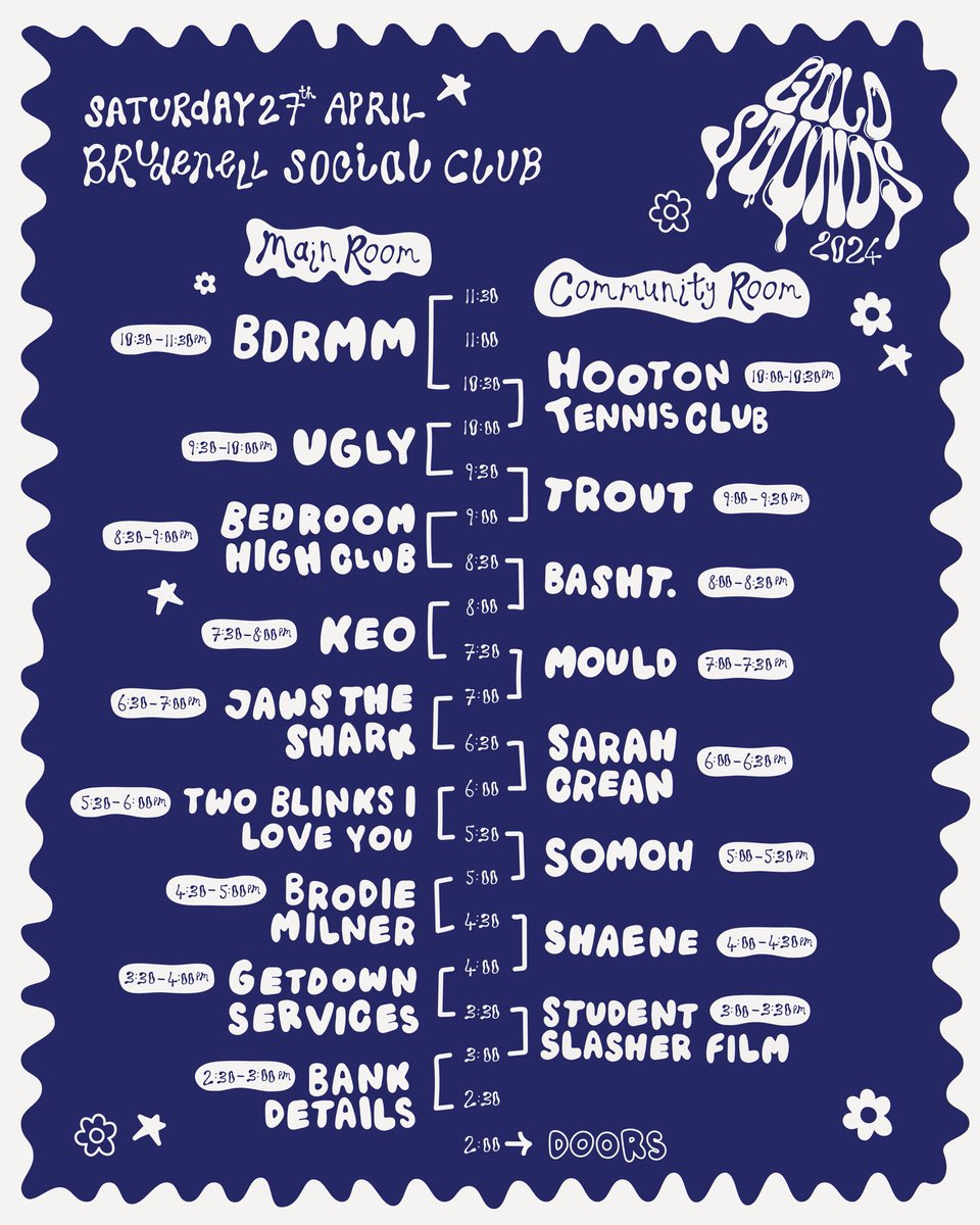 Stage times for Gold Sounds are up! Tickets: futuresound.seetickets.com/event/gold-sou… Don't miss @smellybdrmm, @uglyofficialuk, @hootontennisclb & more across 2 rooms next weekend at @Nath_Brudenell!