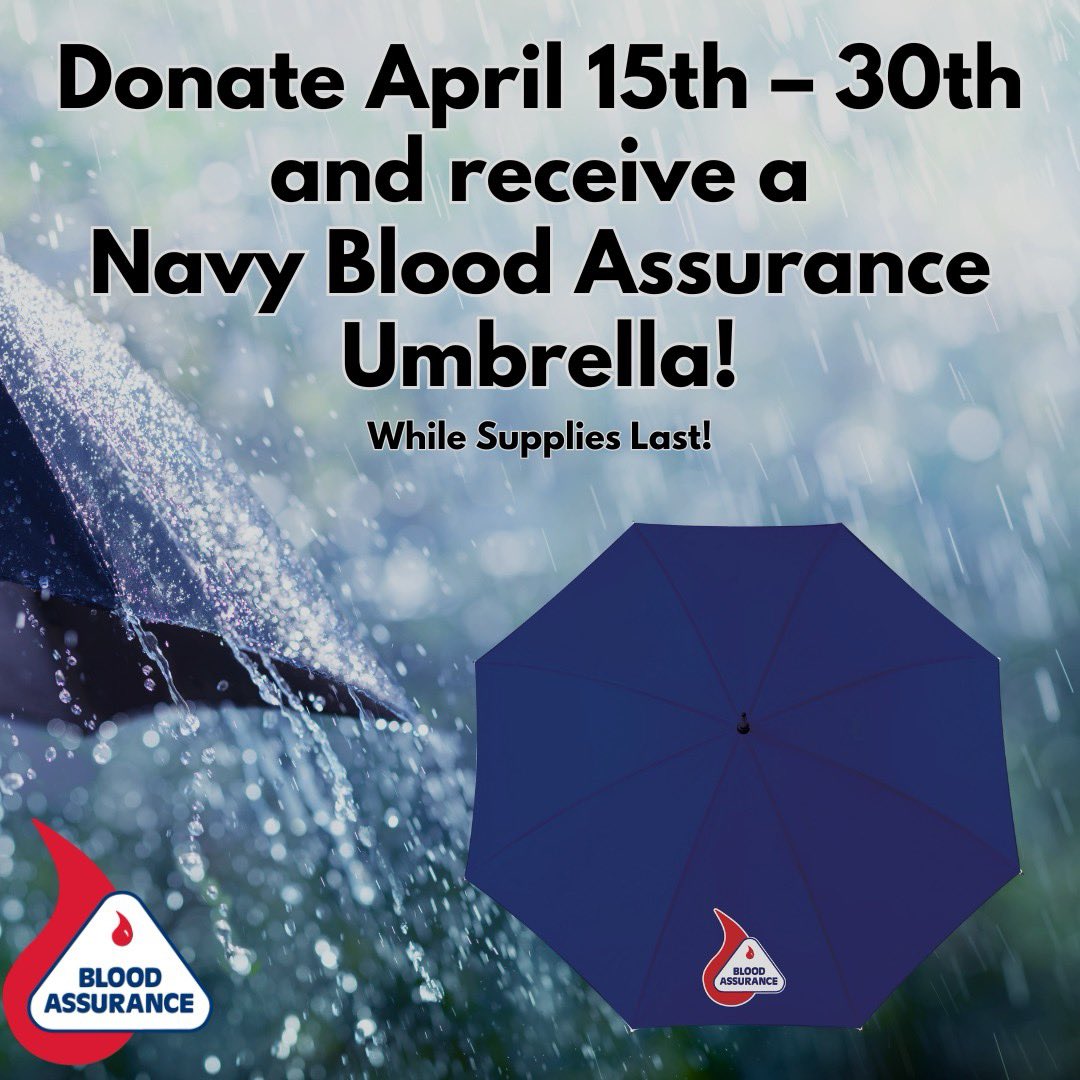 Come rain or shine to save lives! ☔ Donate April 15- 30 & receive our 'BA Navy Blue Umbrella'. Rainy season is not over yet…get your BA Umbrella while supplies last & be prepared for stormy weather! Visit bloodassurance.org/schedule, call 800-962-0628, or text BAGIVE to 999777.