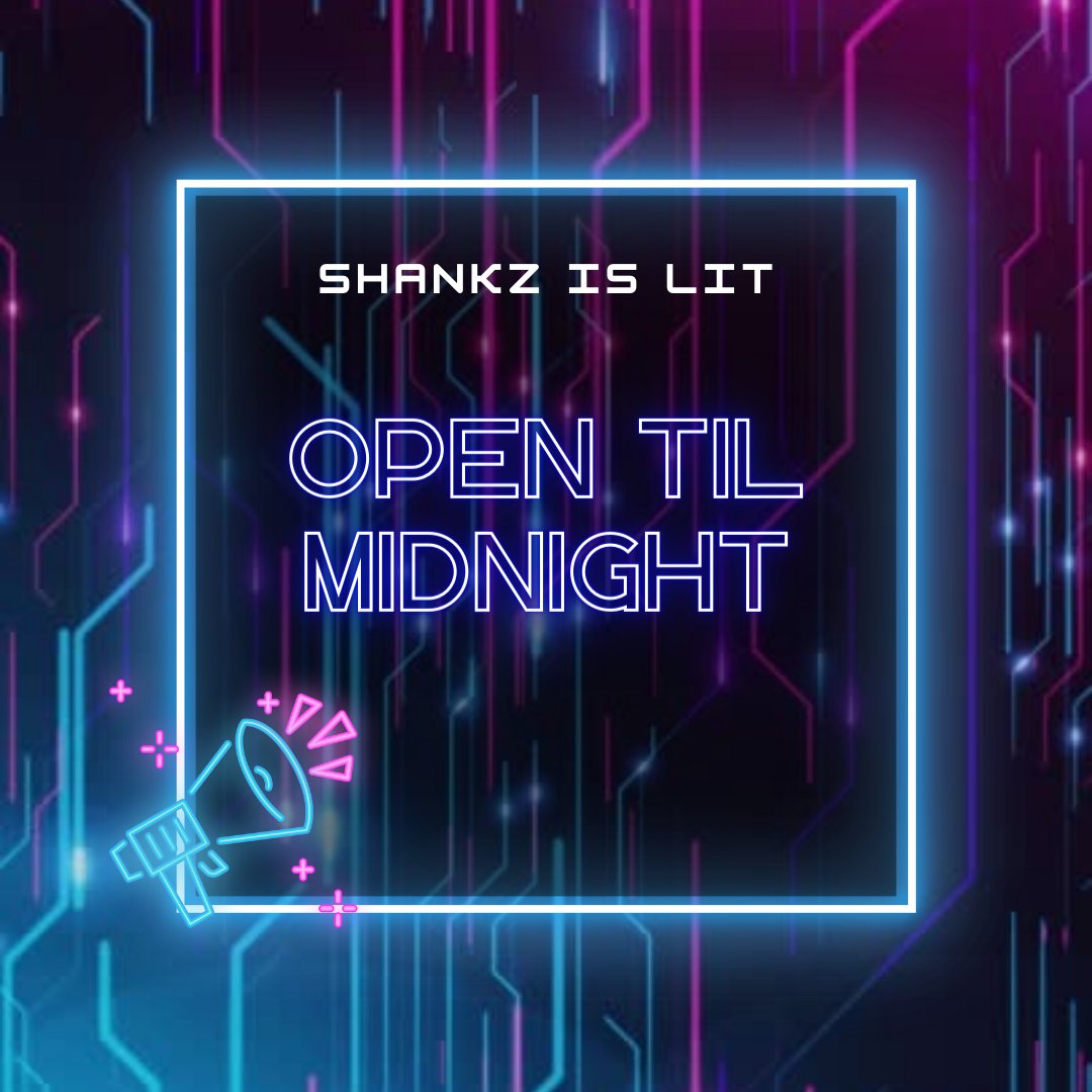 🎉 SHANKZ IS LIT 🙌🏼 and OPEN TIL MIDNIGHT ⏰ EVERY FRIDAY & SATURDAY! 💥 Get ready to have some serious FUN! 😎 #ShankzIsLit #OpenTilMidnight #WeekendVibes #FunTimesAhead SHANKZGOLF.COM