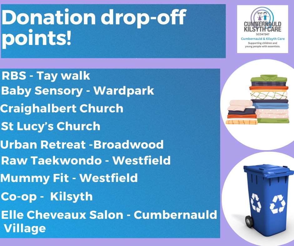 CumbKilsythCare's tweet image. Do you have donations you could pass on to us but are unable to make our opening times? If so, you can still donate your items by using one of our Donation Drop-Off bins.

We are currently accepting children's clothing donations from 6 months up to teenage sizes.
#dropoffpoint