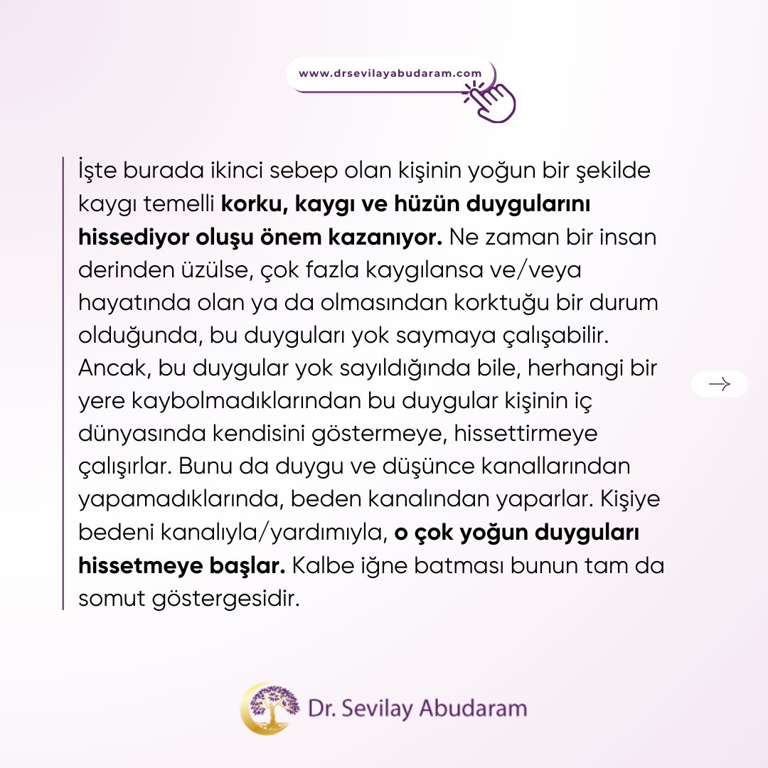 Öncelikle, ilk sebep olan kişinin kendi iç dünyasından uzak kalma çabası çok önemli bir husustur.

Yazının tamamı için;
drsevilayabudaram.com/tr/kalbe-igne-…

#anxietydisorder #anxietytreatment #psychotherapy #anksiyetebozukluğu #anksiyetetedavisi #psikolojidesteği #drsevilayabudaram