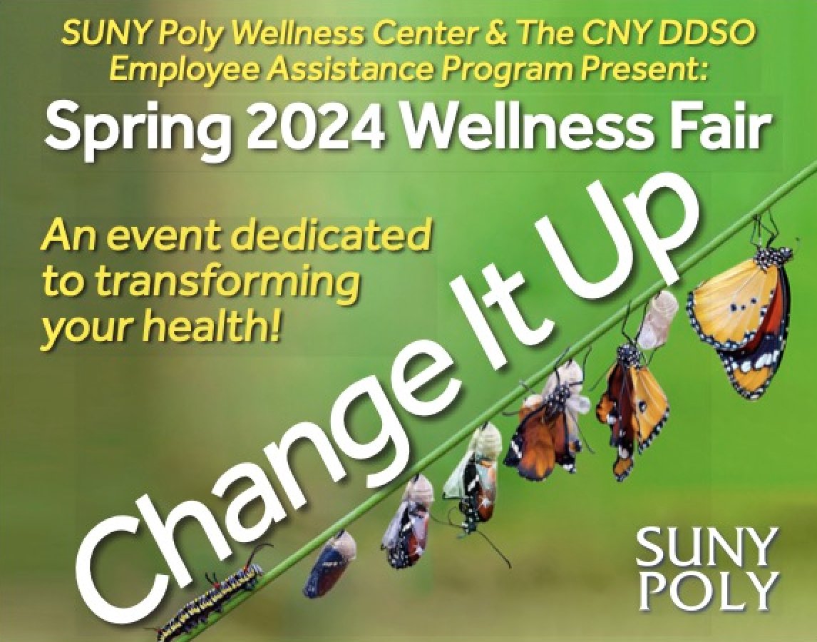 The general public is invited to attend SUNY Poly's Annual Spring Wellness Fair on Thursday, April 18, from 11 a.m. to 2 p.m. at the Wildcat Field House. Enjoy free health screenings, giveaways, and health and wellness information. #sunypoly #health #wellness #utica