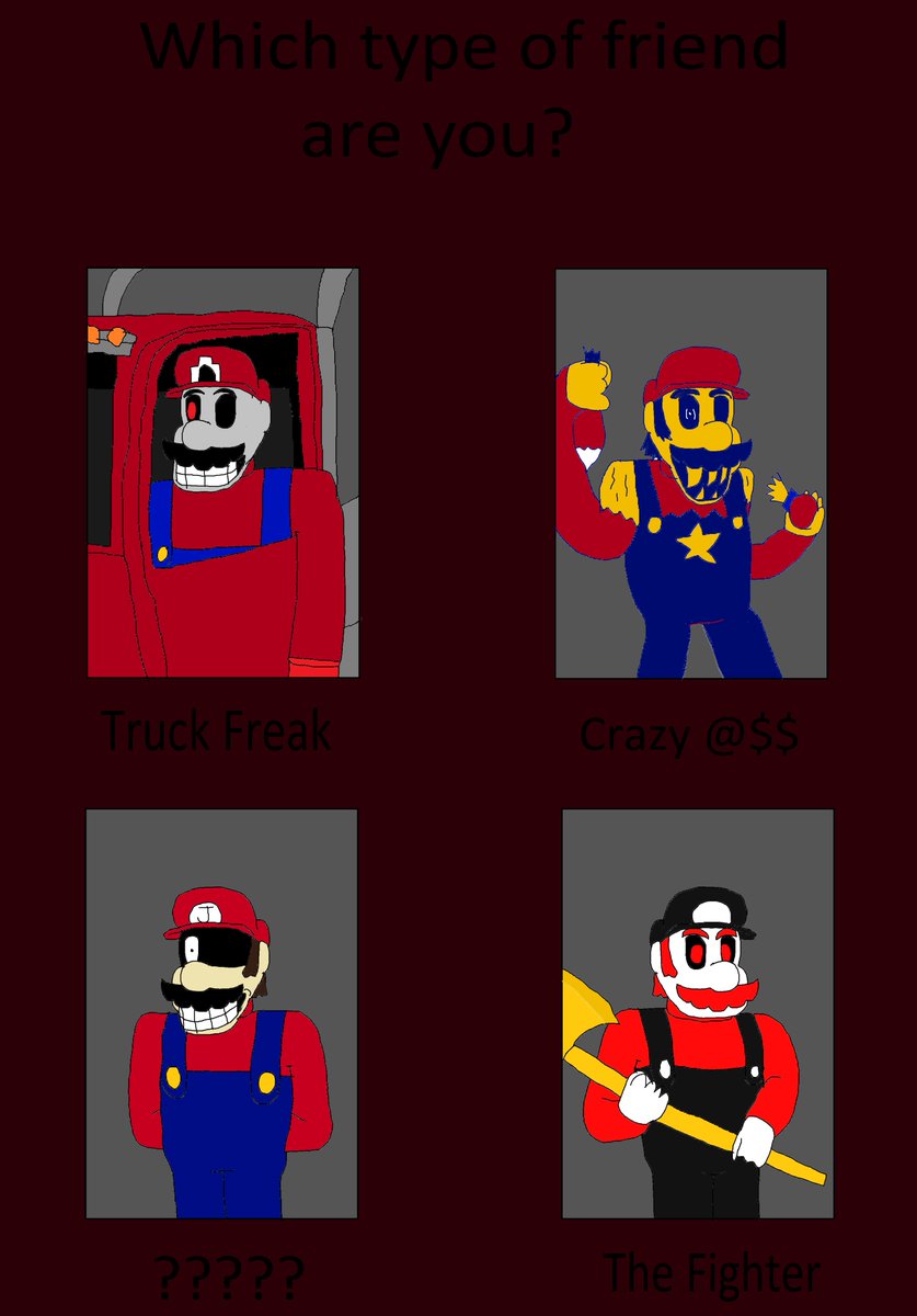 SMRO131's tweet photo. Which type of friend are you? (False Hero edition) #mario #marioexe #marioexeoc #horrorbrew #REDMARIO #Yoodoo #meme
Maaco by @GnavTou
Voodoo by @B40889Bc15
Jumper by @AmistosoBraian
REDMARIO by me https://t.co/Y6UbwVZ7O5