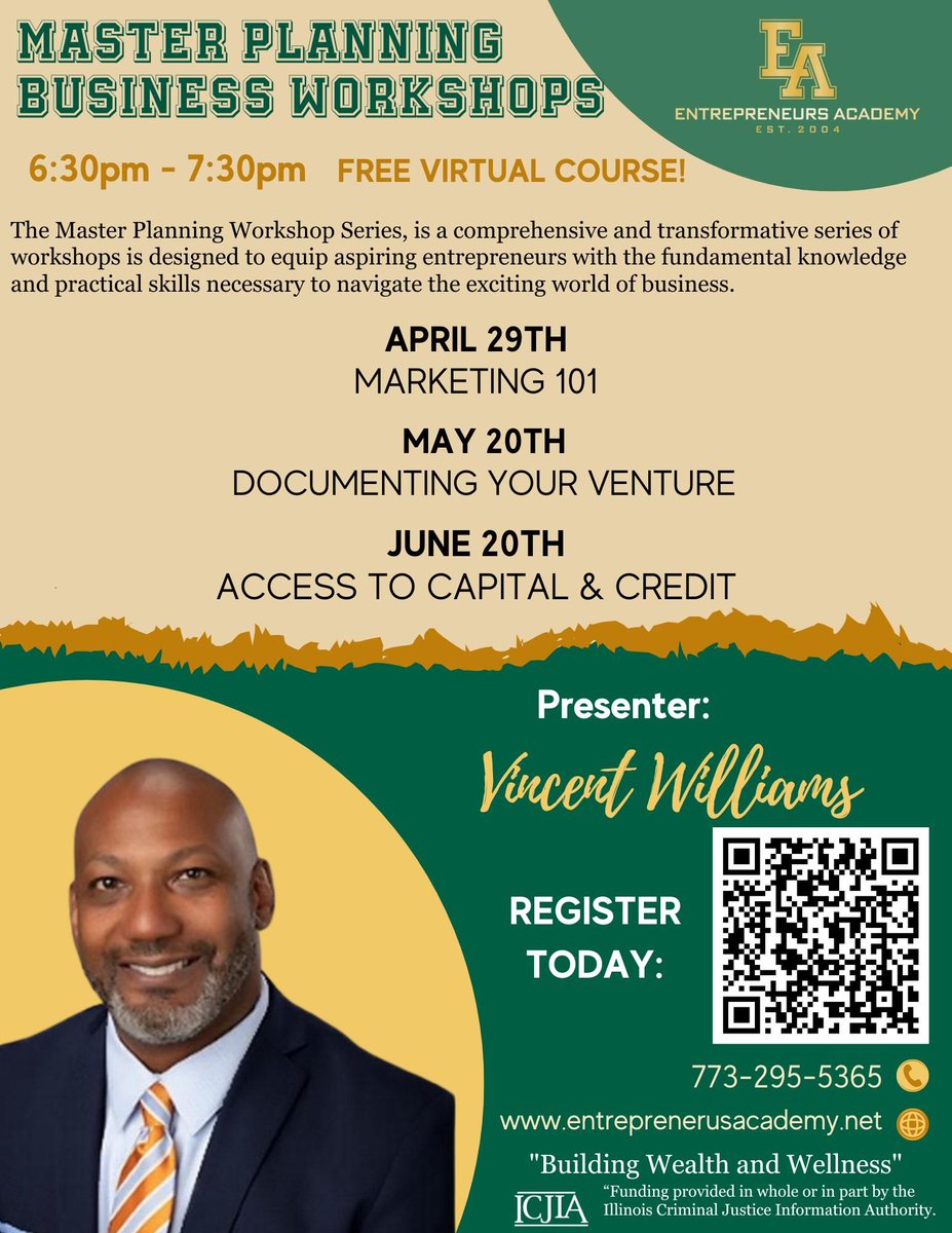 🌟 EA's Free Master Planning Virtual Workshop Series! 🌟
Ready to turn your business dreams into reality? 
We will show you how! Join us. buff.ly/3DBCpil 
#VirtualClasses #Chicago #Chitown #VirtualWorkshops #BusinessSkills #Startups #EntrepreneursAcademy #SmallBusinesses