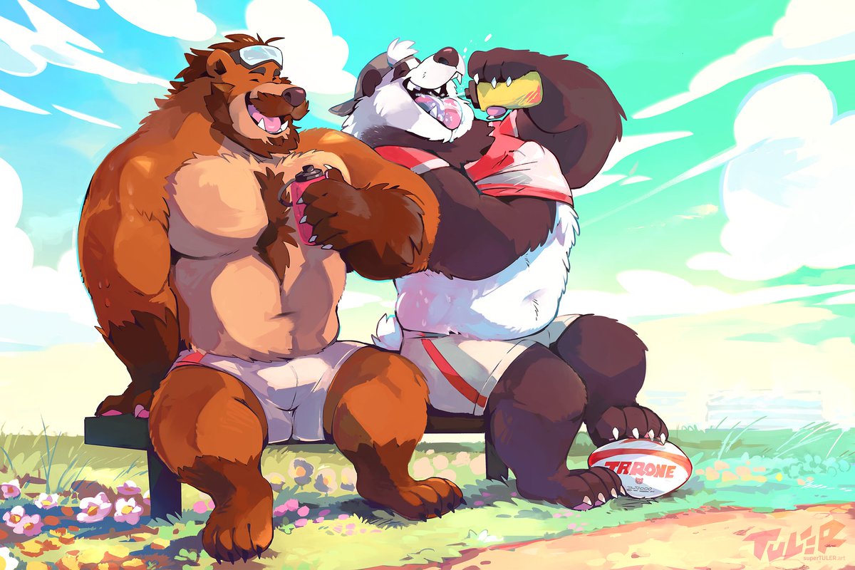Kotaro and Tairu cooling off after a tough rugby match. 🏉💦 Commission by @TairuPANdA 💖 The colors and shadows are incredible, I loved this job a lot, thank you very much tuler 💖✨💖✨ It is a dream come true #furry #furryart #furryartist #furrycommission #bear #Rugby