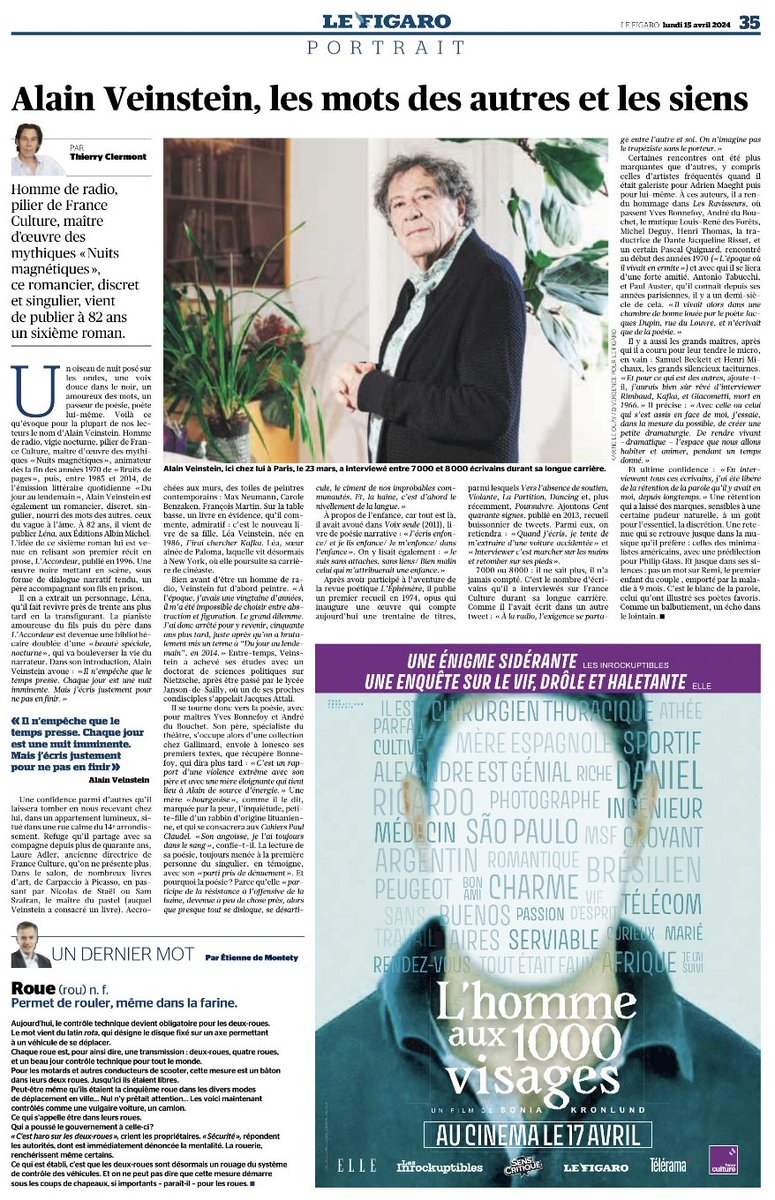 Portrait d’Alain Veinstein à lire aujourd’hui dans @Le_Figaro à l’occasion de la parution de son dernier livre LÉNA paru aux éditions @AlbinMichel Merci à Thierry Clermont !