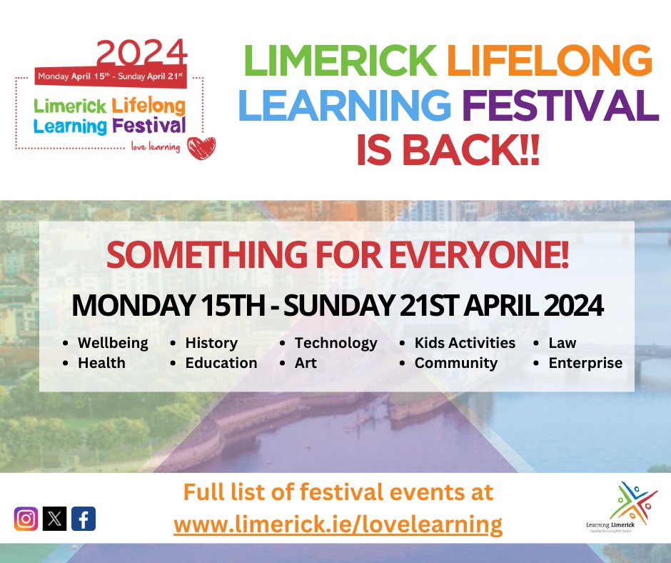 The Limerick Lifelong Learning Festival returned today!!!

Check out all the interesting events going on during the festival at limerick.ie/LoveLearning.

There is something for everyone!!!!
#LLLFestival2024 #LearnGrowExplorein2024