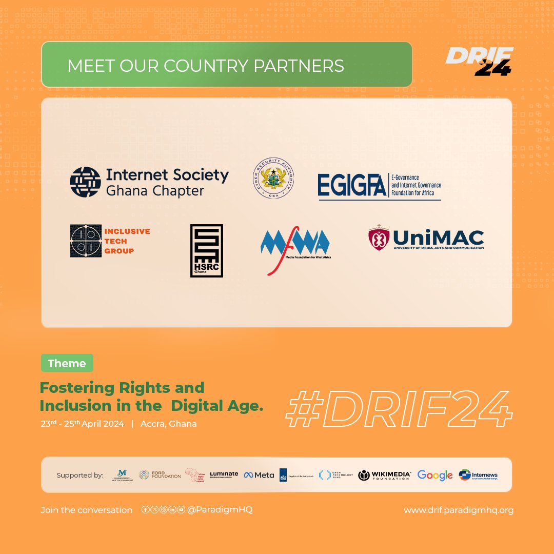 🌟 We are 8 days away from the Digital Rights and Inclusion Forum (DRIF). The forum will feature insightful conversations, impactful workshops, and meaningful connections. #DRIF24 is hosted by Paradigm Initiative, in collaboration with the Ghana Government. Partner…