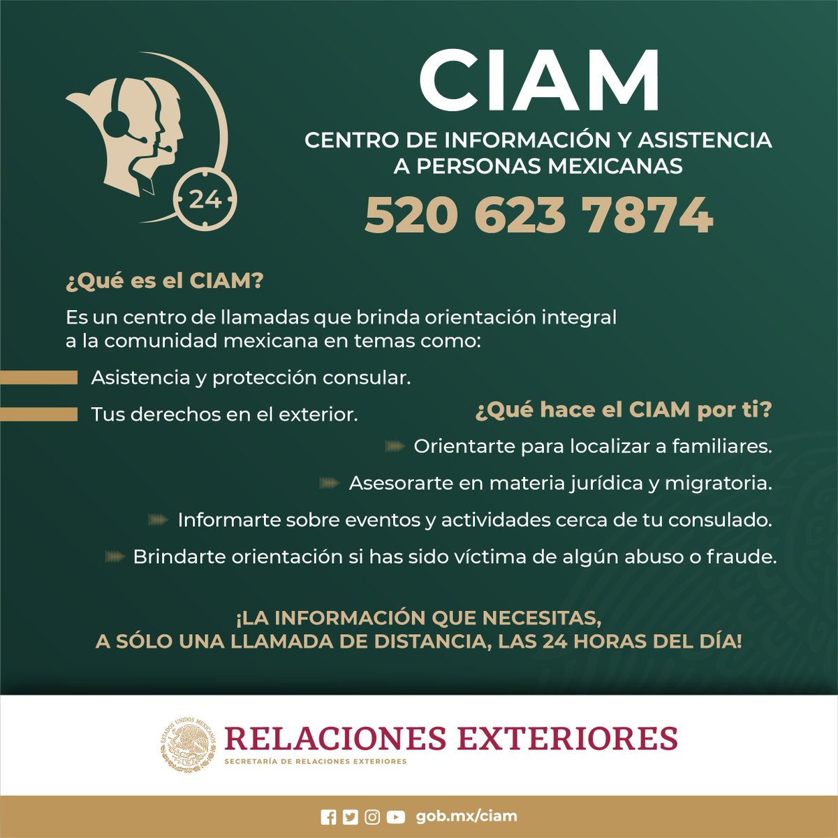 ¿Vives en Estados Unidos y necesitas orientación migratoria? ¡Llama al #CIAM! Estamos para ayudarte las 24 horas del día, los 7 días de la semana. #ProtecciónConsular