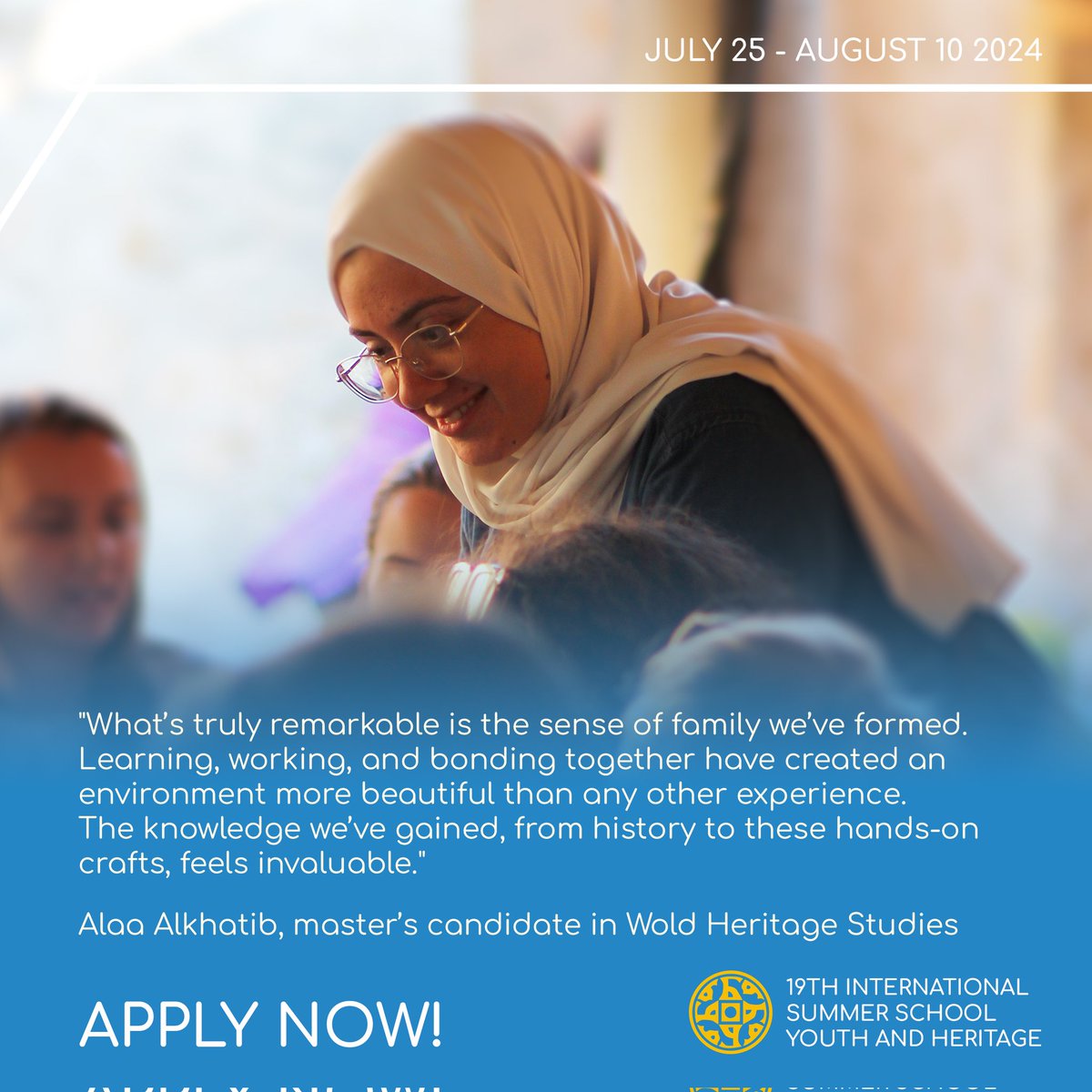 The ISSYH hosts up to 30 young people aged between 20 and 35, young professionals or students interested in cultural heritage, with good English language skills.

The Call for Applications for ISSYH19 is open until April 30, 2024, 23:59 UTC+1. 

forumbosna.org/issyh