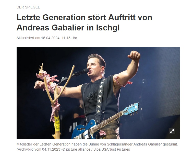 Hä? Umgekehrt wird ein Schuh draus. #Gabalier's scheußlicher 'Gesang' stört Protestaktion der #LetzteGeneration. So und nicht anders...