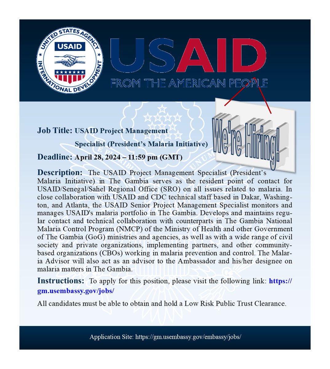 We are seeking a USAID Project Management Specialist for the President’s Malaria Initiative (PMI) in The Gambia, serving as the key contact for USAID/Senegal/Sahel Regional Office on malaria-related issues. Collaborating closely with USAID and CDC staff, the Specialist oversees…