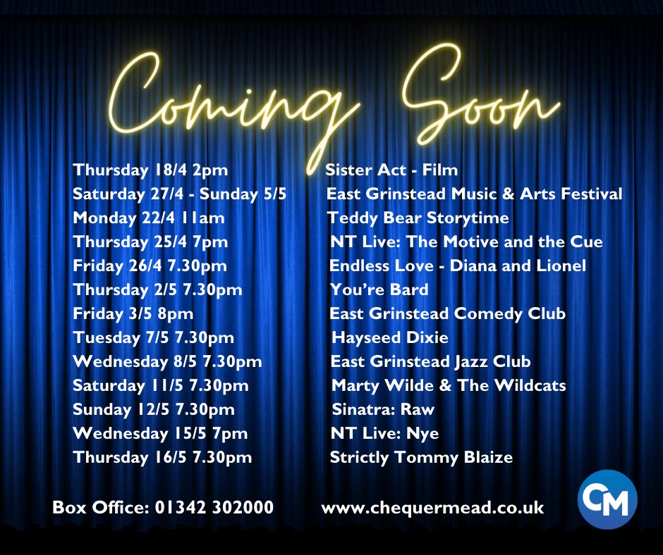 We have lots of great shows coming up at Chequer Mead in the next few weeks. 🎟️ Get your tickets now chequermead.co.uk or call the Box Office on 01342 302000. #ChequerMead #EastGrinstead #WhatsOnSussex #WhatsOnKent #WhatsOnSurrey