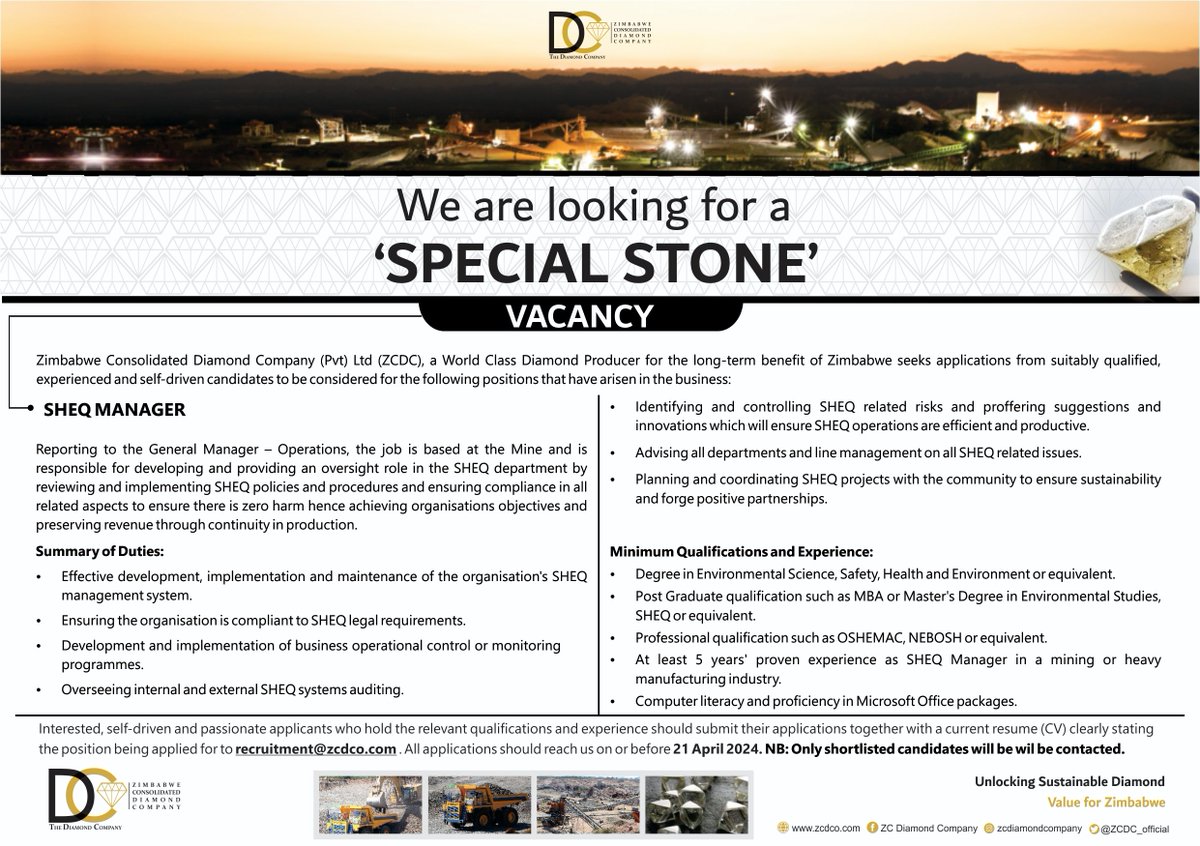 ZCDC_official's tweet photo. The following positions have arisen in the business and interested applicants should submit their applications together with a current resume (CV) clearly stating the position being applied for to recruitment@zcdco.com on or before 21 April 2024. https://t.co/m9GuF21gUU