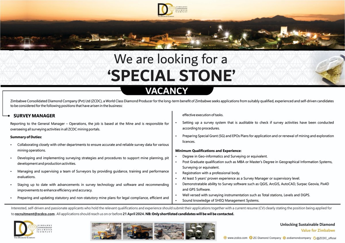 ZCDC_official's tweet photo. The following positions have arisen in the business and interested applicants should submit their applications together with a current resume (CV) clearly stating the position being applied for to recruitment@zcdco.com on or before 21 April 2024. https://t.co/m9GuF21gUU