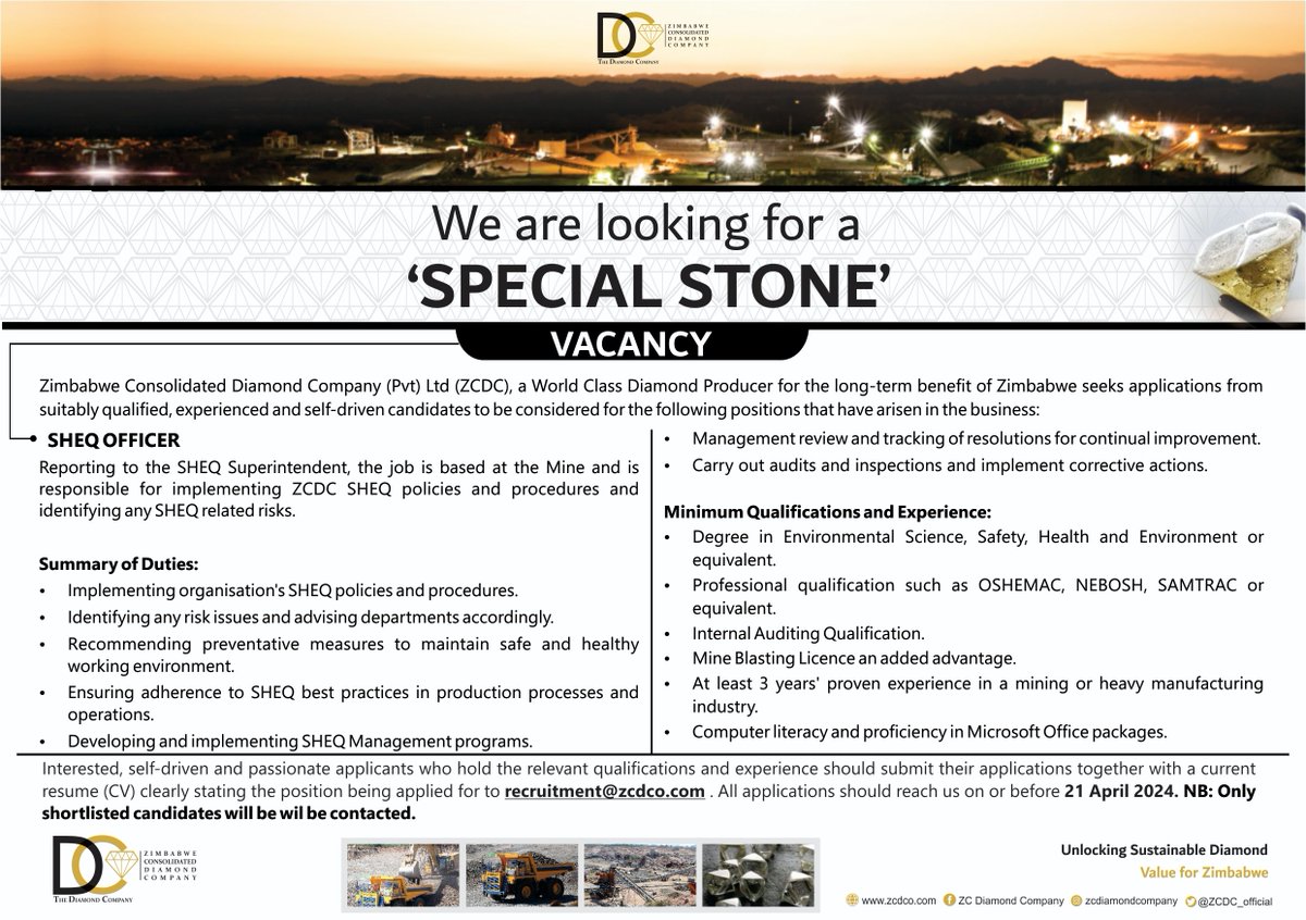 ZCDC_official's tweet photo. The following positions have arisen in the business and interested applicants should submit their applications together with a current resume (CV) clearly stating the position being applied for to recruitment@zcdco.com on or before 21 April 2024. https://t.co/m9GuF21gUU