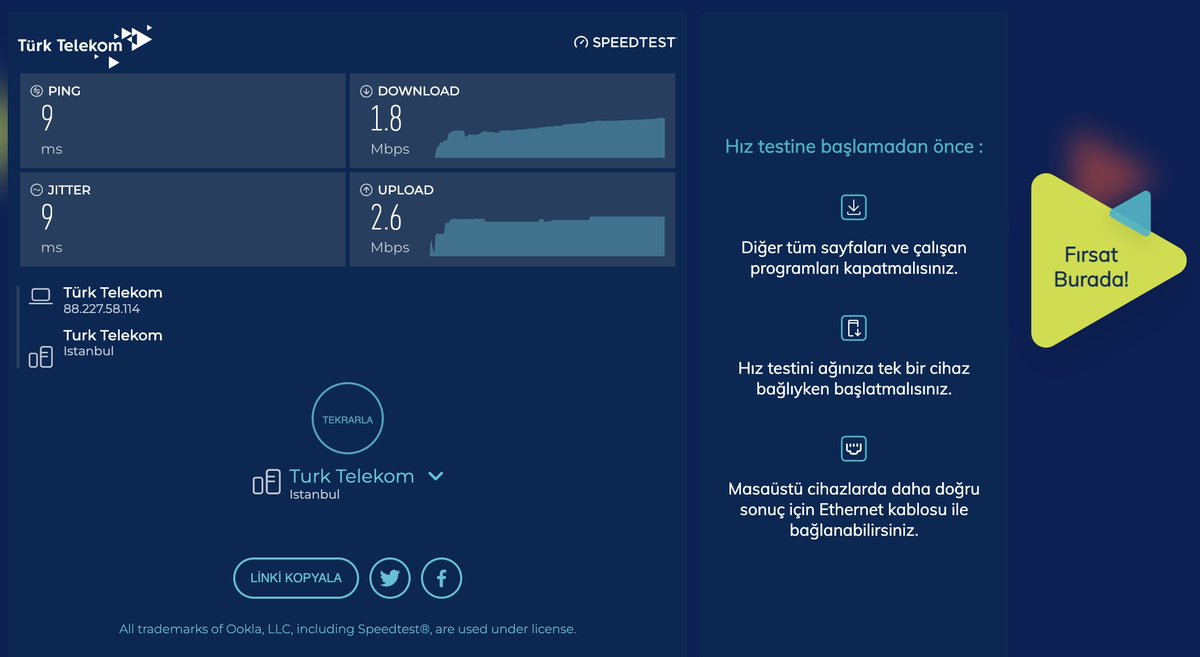 - @TurkTelekom umarım bunun için makul bir açıklamanız vardır. Olması gereken :75 mbps Şu an : 1.8 mbps