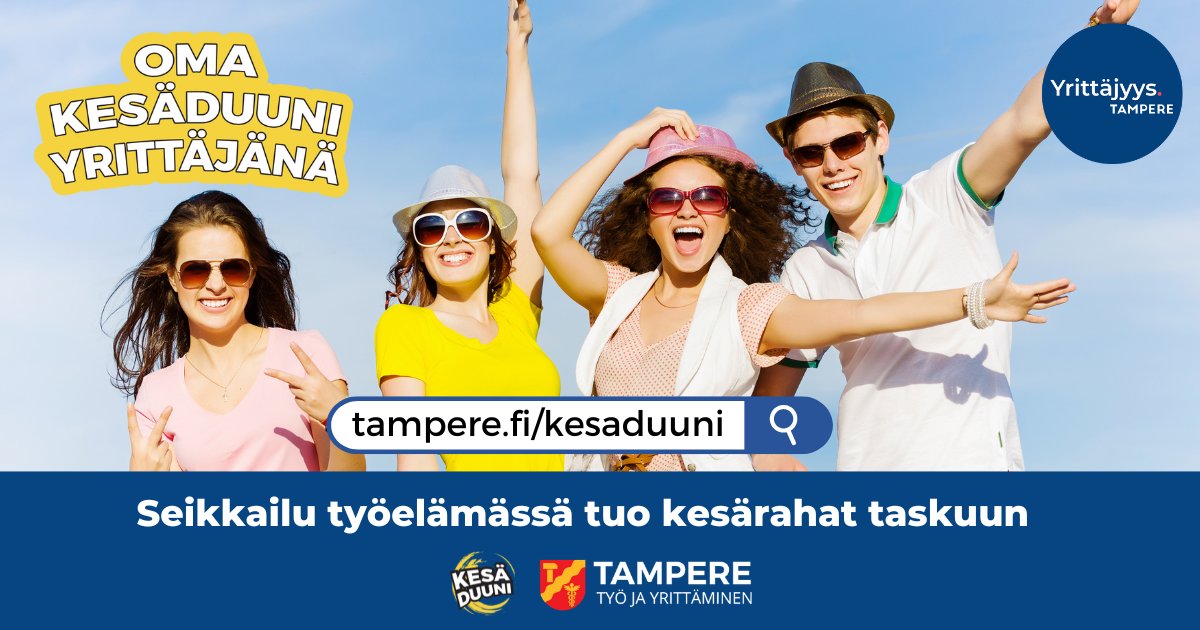 Kesäyrittäjyyssetelin haku on avattu 15.4.!☀️Tampereen kaupunki jakaa sata 350 euron arvoista seteliä 1995–2009 syntyneille tamperelaisille nuorille. Tuki on tarkoitettu uuteen yritystoimintaan. Seteli on henkilökohtainen. 👉 tampere.fi/tyo-ja-yrittam…