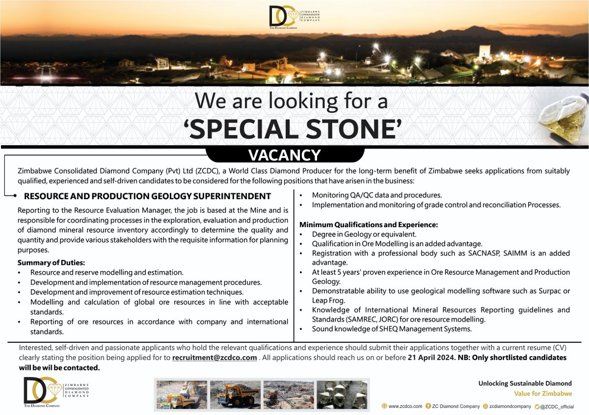ZCDC_official's tweet photo. The following positions have arisen in the business and interested applicants should submit their applications together with a current resume (CV) clearly stating the position being applied for to recruitment@zcdco.com on or before 21 April 2024. https://t.co/eabgFXhhtm