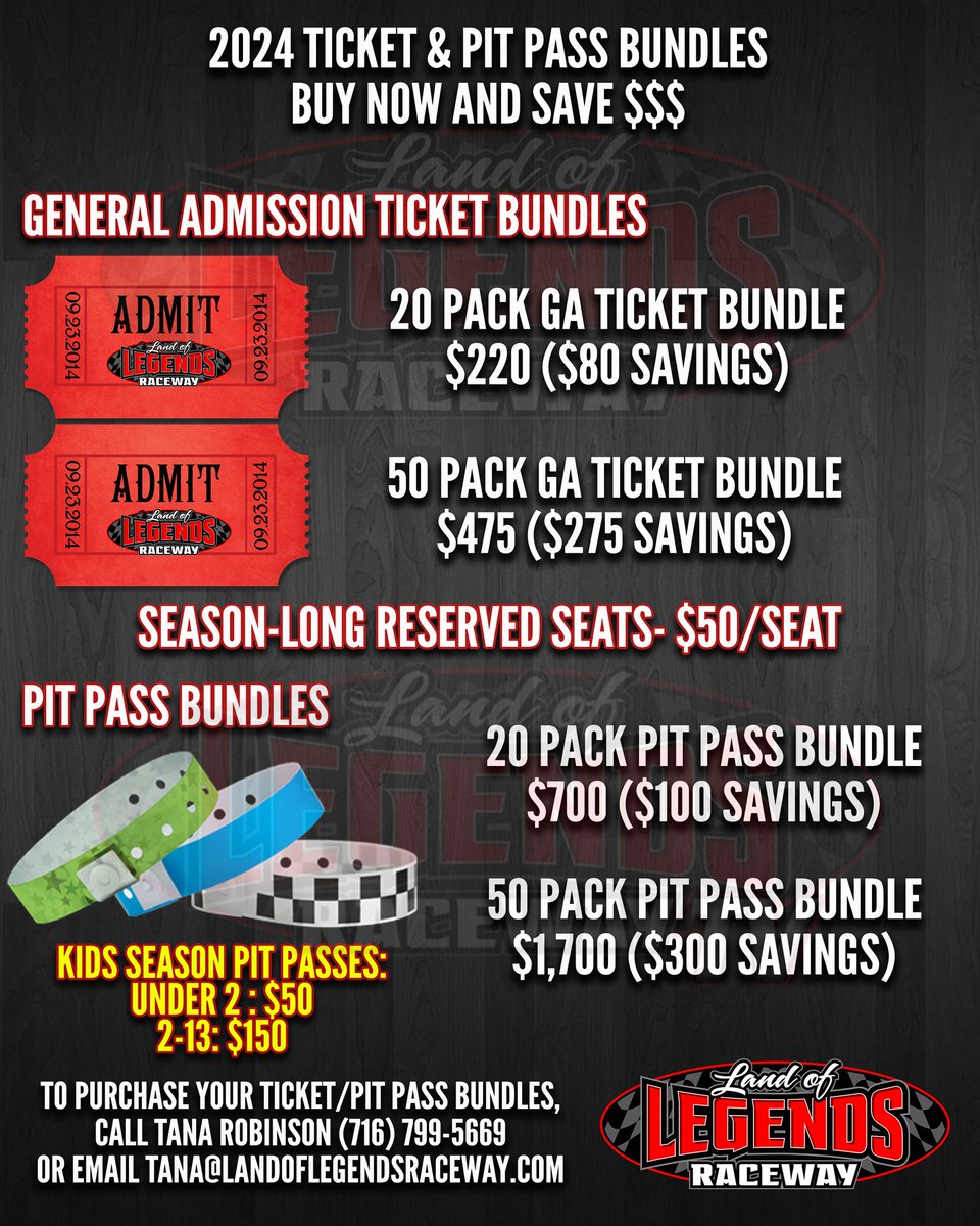 Don’t let a rainout get you down in 2024! @LandofLegendsNY ticket/pit pass bundle saves you real money & never lose their value 🎟️ 💵. Call Tana Robinson to order yours today (716) 799-5669 and pick them up before the season starts or on Opening Night!