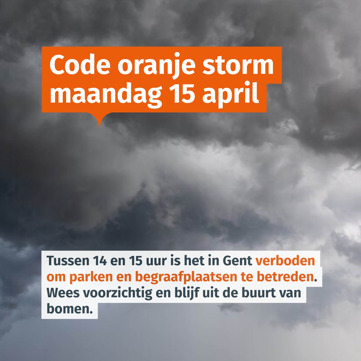 Het KMI heeft code oranje afgekondigd voor Oost-Vlaanderen. Er wordt veel wind voorspeld. In Gent is het tussen 14 en 15 uur verboden om parken, bossen en begraafplaatsen te betreden. #CodeOranje