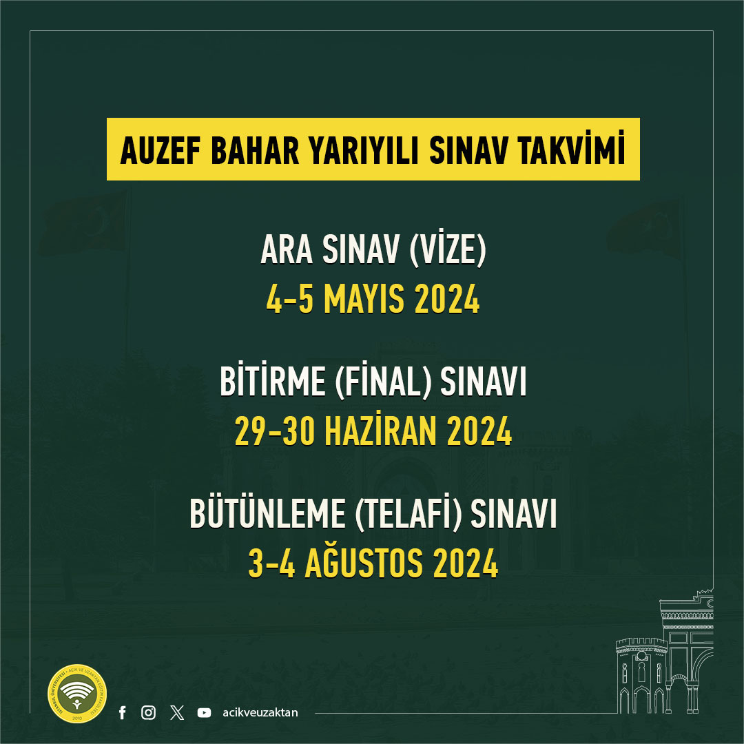 AUZEF BAHAR YARIYILI SINAV TAKVİMİ ARA SINAV (VİZE) 4-5 MAYIS 2024 BİTİRME (FİNAL) SINAVI 29-30 HAZİRAN 2024 BÜTÜNLEME (TELAFİ) SINAVI 3-4 AĞUSTOS 2024 Sınavlarınızda başarılar dileriz. auzef.istanbul.edu.tr/tr/content/aka…