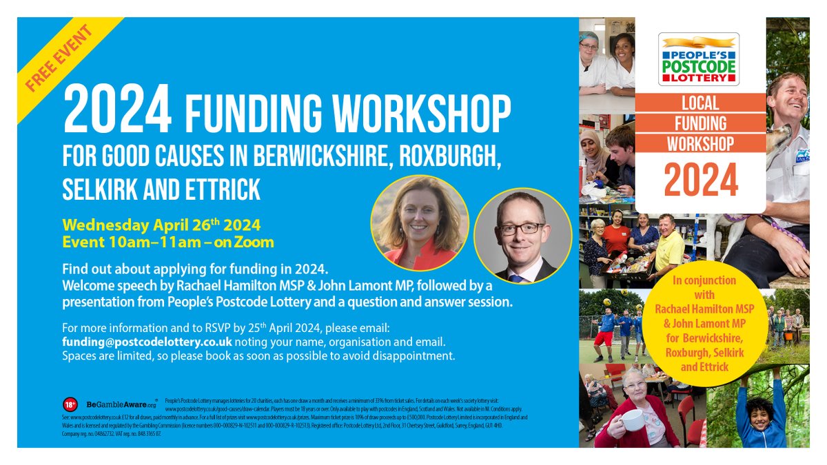 There's still time to sign up for our workshop, on 26/04 at 10am, with @John2Win and @Rachael2Win for charities in Berwickshire, Roxburgh, Selkirk and Ettrick and nearby areas to learn more about applying for People's Postcode Lottery funding. RSVP funding@postcodelottery.co.uk