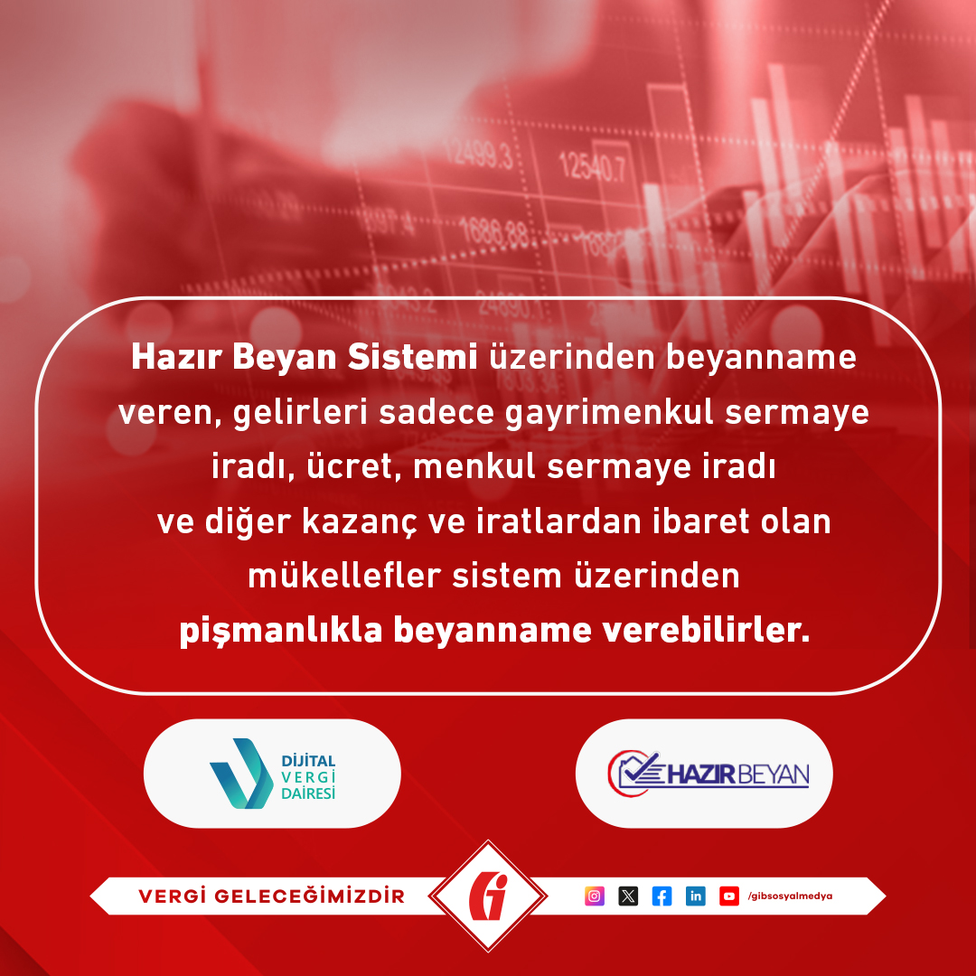 #Hatırlatma 📌Kanuni süresi içerisinde verilmeyen beyannamelerinizi Dijital Vergi Dairesi Hazır Beyan Sistemi üzerinden pişmanlık talepli veya kanuni süresinden sonra seçenekleri ile verebilirsiniz. intvrg.gib.gov.tr/hazirbeyan/#/ #GİB #VergiGeleceğimizdir