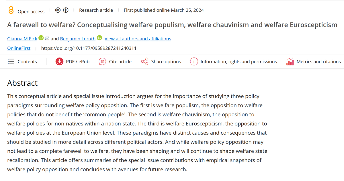 🚨New special issue @JournalESP edited by yours truly & @BenLeruth 🚨Have a look at our introduction 'A farewell to welfare? Conceptualising welfare populism, welfare chauvinism and welfare Euroscepticism' and the 8 articles we included in this project 🧵 journals.sagepub.com/doi/10.1177/09…