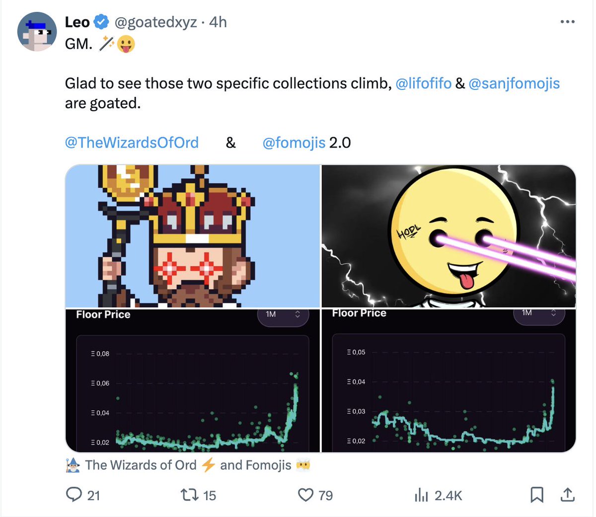 My tweet below mentioned <a href="/fomojis/">Fomojis 😶‍🌫️</a> and <a href="/TheWizardsOfOrd/">🧙🏽‍♂️ The Wizards of Ord ⚡️</a> as undervalued at the perfect time.

Perfect buy signal 🫡

So next in line should be DeadJiras by <a href="/TheOrdinalsClub/">The Ordinals Club</a> (bias) and <a href="/BitcoinBoos/">Bitcoin Boos</a>