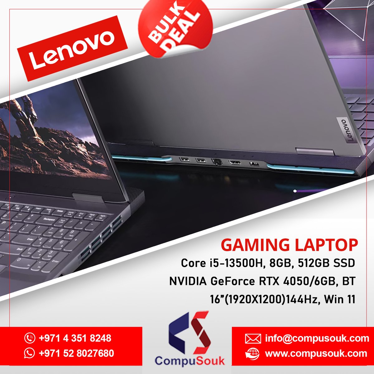 #GamingLaptop #Deal
#Lenovo #LOQGaming - i5-13500H,8GB,512GB SSD,NVIDIA GeForce RTX 4050/6GB,BT,16”(1920X1200)144Hz,W11

Visit for more Deals compusouk.com/daily-deals/
Shipping Worldwide
Call:☑️ +971 4 351 8248 ☑️ Whatsapp : +971 52 8027680 ☑️ Email: info@compusouk.com