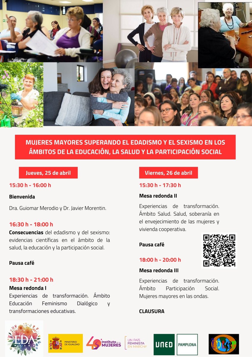 Curso Mujeres mayores superando el edadismo y sexismo en la educación, salud y participación social 👉Proyecto de investigación EDA-MUJER 🧑‍🎓Dirigen: Guiomar Merodio y Javier Morentin, profesores @UNED 📅UNED Pamplona: 25-26 abril ✍️unedpamplona.es/cursos-y-actua… #SomosUNED #Edadismo