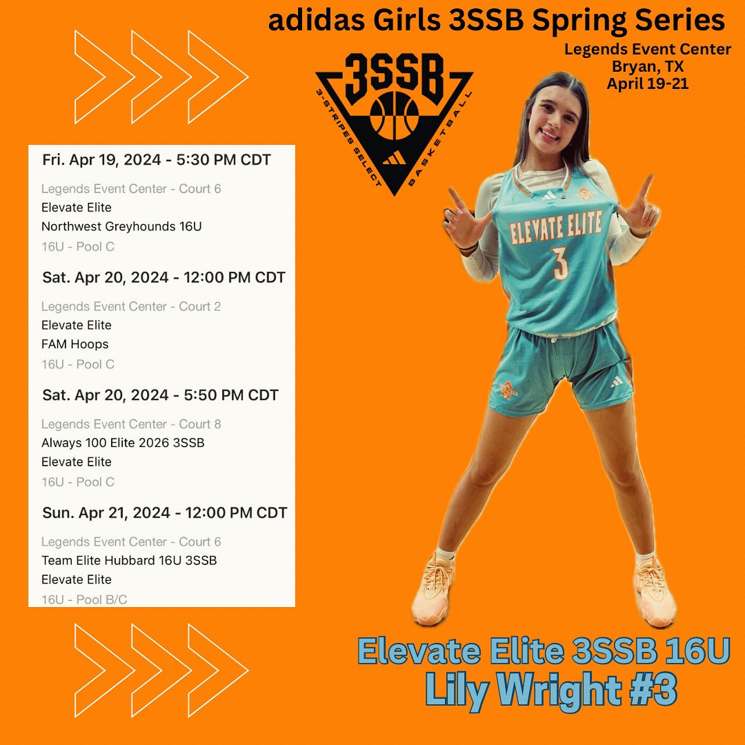 Here's my schedule for the live period this weekend. My team @Elevate_Elite will be at Legends Event Center in Bryan, TX.
#3ssbgirls #ncaaliveperiod #girlsbasketball
#adidasbasketball #3ssbcircuit
