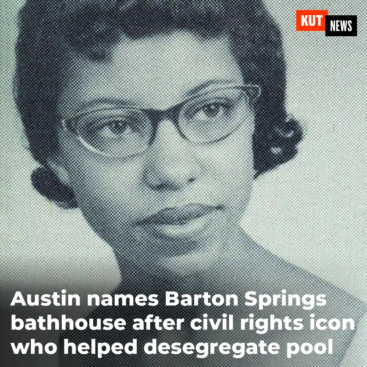 KUT's tweet photo. Joan Means Khabele was a senior in 1960 when she and other Black students were told they weren't allowed to swim in Barton Springs Pool. In protest, she jumped in. Austin City Council has approved naming the bathhouse at Barton Springs Pools after her. https://t.co/kz5XEPnDFJ https://t.co/G5T5HseOmv