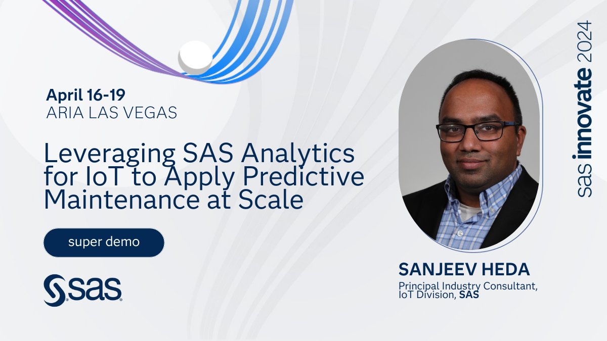 Join SAS' Sanjeev Heda for a #SASInnovate Super Demo highlighting how #industrial companies can leverage SAS Analytics for #IoT to apply #predictivemaintenance at scale. Register today! 2.sas.com/6018wNSM4