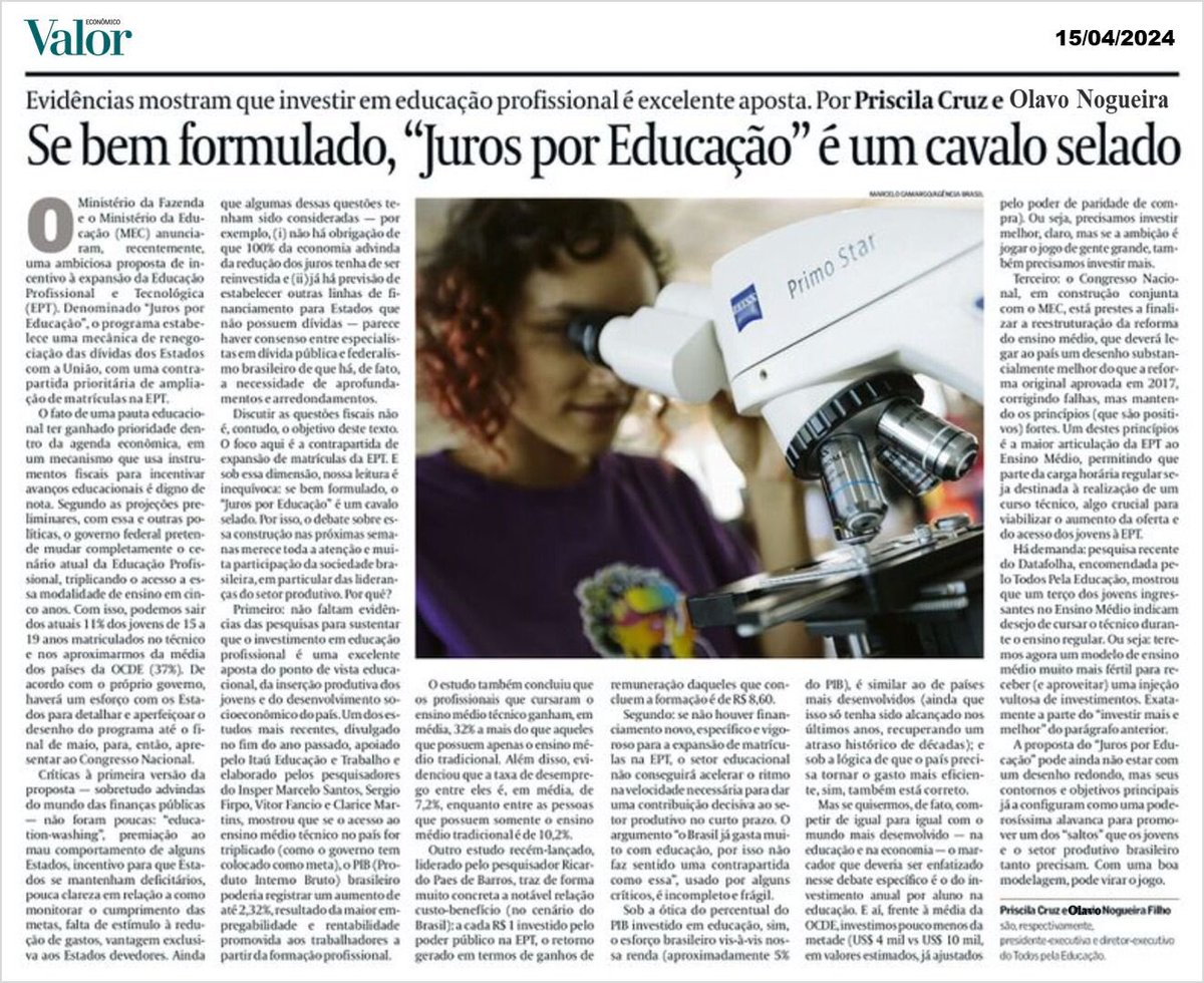 Rafael Parente (@rafael_parente) on Twitter photo Excelente artigo de <a href="/PriscilaFCruz/">Priscila Cruz</a> e <a href="/onogueirafilho/">Olavo Nogueira Filho</a> sobre a política “Juros por Educação”.
A iniciativa tem como objetivo principal reduzir o estoque da dívida dos estados com a União, atrelada à expansão de matrículas no ensino médio profissionalizante.
Objetivos:
•Diminuir Excelente artigo de <a href="/PriscilaFCruz/">Priscila Cruz</a> e <a href="/onogueirafilho/">Olavo Nogueira Filho</a> sobre a política “Juros por Educação”.
A iniciativa tem como objetivo principal reduzir o estoque da dívida dos estados com a União, atrelada à expansão de matrículas no ensino médio profissionalizante.
Objetivos:
•Diminuir